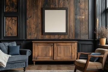 Cozy living room featuring rustic wood paneling and vintage furniture