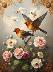 Fototapeta premium Beautiful birds with vibrant plumage and lush roses create a stunning floral display.