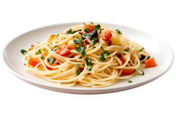 Pasta with vegetables on a plate, isolated on a transparent background