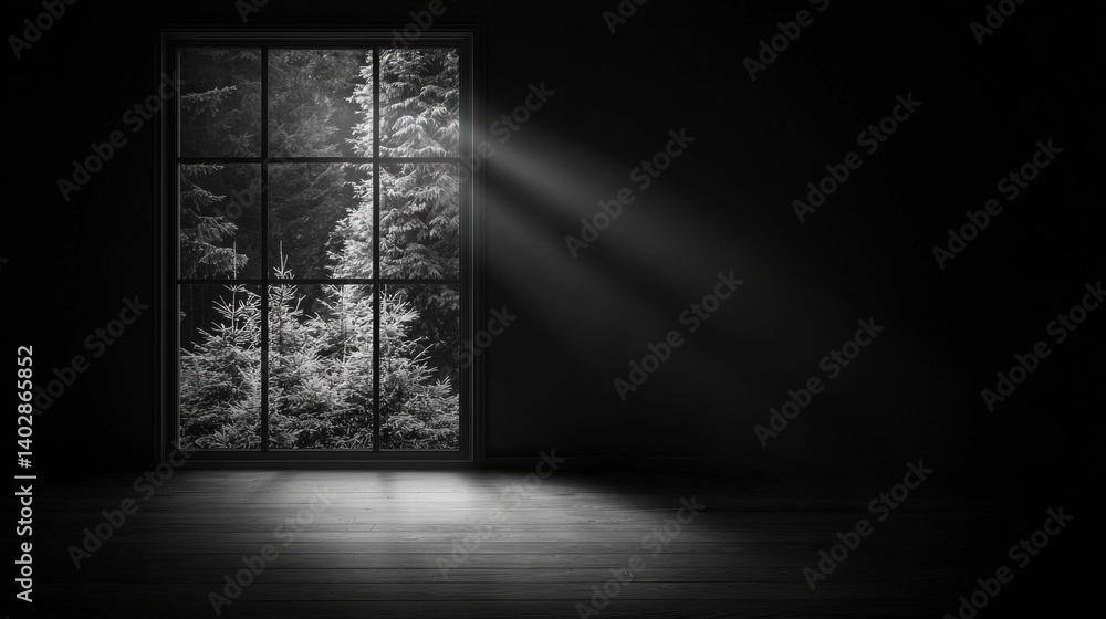 Poster a black and white image of a window with trees outside.