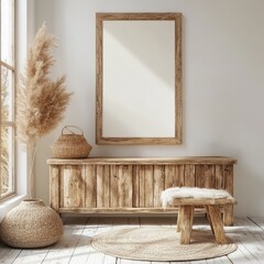 Rustic entryway with wooden furniture and pampas grass decor