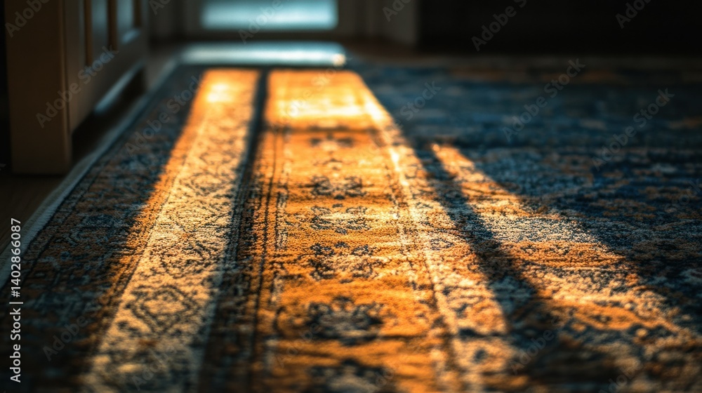 Poster sunlight streams across decorative patterned carpet inside a home