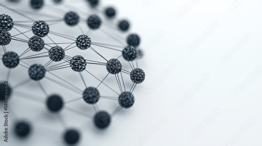 Poster a 3d rendering of a network of interconnected spheres.