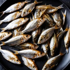 Obraz premium Freshly Caught Small Fish on Dark Plate