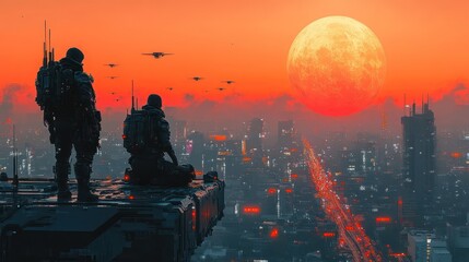 Two futuristic soldiers overlooking a neon-lit cityscape at sunset with a large moon