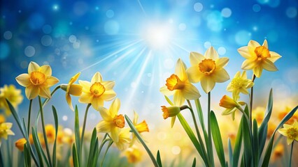 Obraz premium Bright Yellow Daffodils Blooming in a Sunny Meadow, Basking in the Warmth of a Gentle Spring Breeze, Their Petals Reflecting the Radiant Light