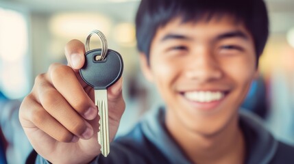 Happy man holding house key smiling in bright indoor environment new homeowner concept featuring soft blurred background 