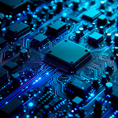 Fototapeta premium Close-up view of a circuit board, rendered in a highly detailed and stylized manner. 
