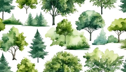 Watercolor Seamless Pattern of Green Trees and Bushes
