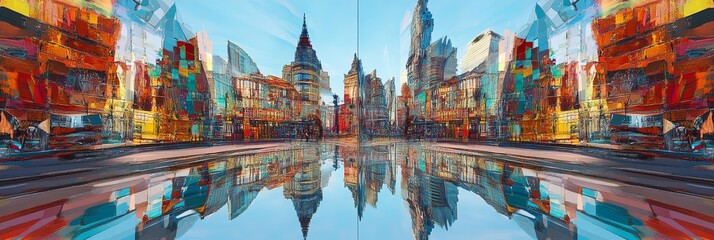 Obraz premium Abstract city skyline reflection with blurred motion effect against a light blue sky.