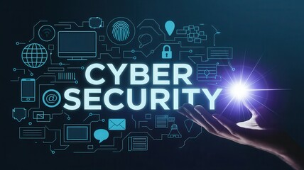 Cybersecurity Concept with Abstract Network Graphic and Hand Holding Light