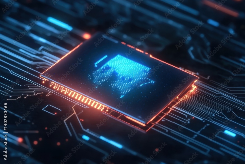 Poster circuit board design featuring a glowing microchip with digital elements and patterns