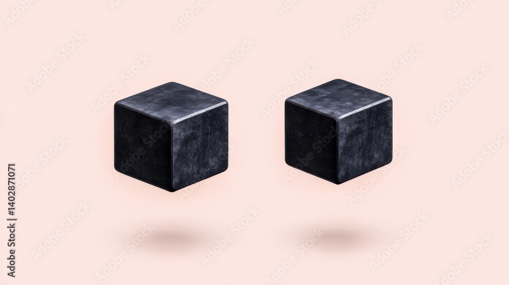 Poster a set of black, hexagonal objects arranged in a symmetrical pattern against a light pink background.