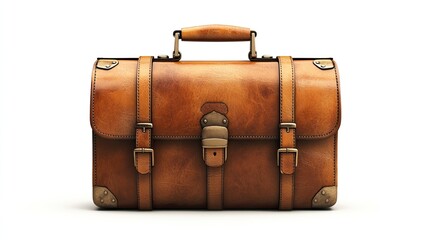 Brown leather briefcase on white background, business professionalism illustration, corporate branding, and office-related designs