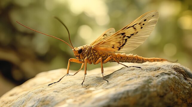 A scorpionfly with elongated wings and a curved tail perched on a rock 