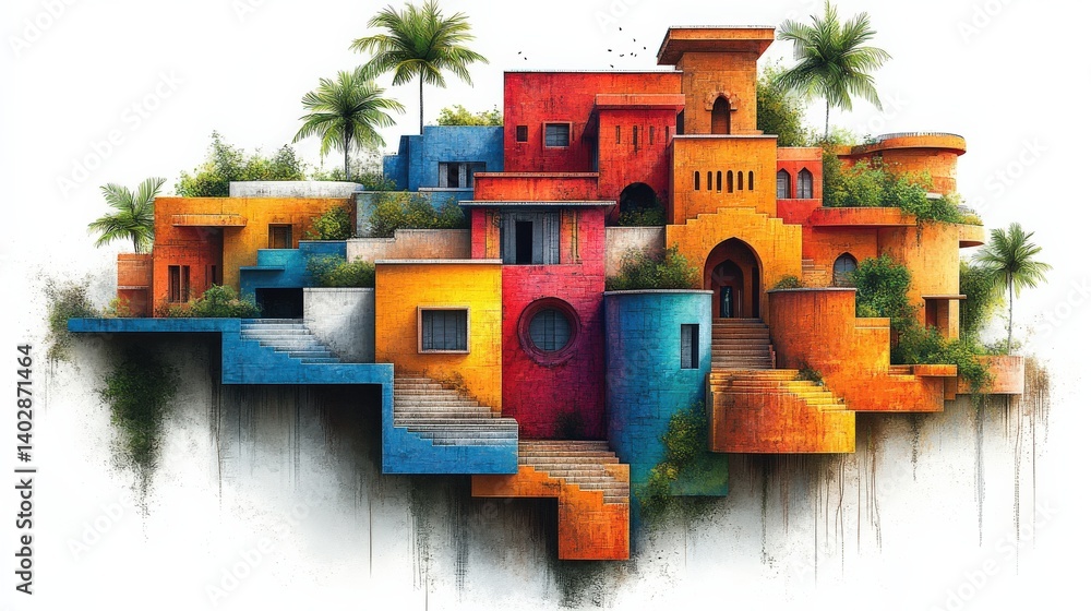 Poster vibrant abstract depiction of colorful stepped architecture surrounded by lush palm trees