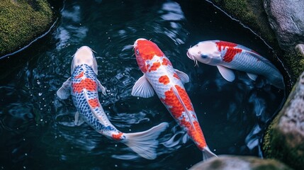 Three Colorful Fish Swimming Calmly In Dark Water Pond