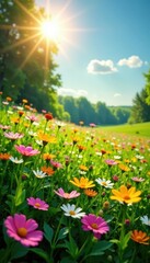 Obraz premium Lush wildflowers carpet a sunlit meadow Perfect for vibrant wall art , flowers, image