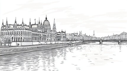 Naklejka premium Budapest Parliament building line art sketch, river view, black ink cityscape illustration on white background