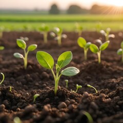 Young Seedlings Growing in Soil at Sunset