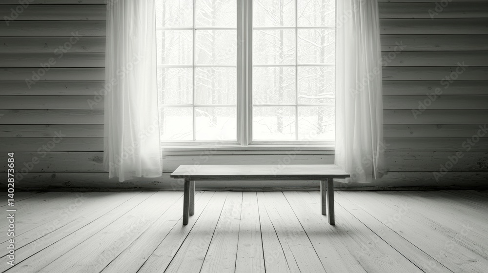 Poster a white wooden table sits in front of a window with a view of trees and snow.