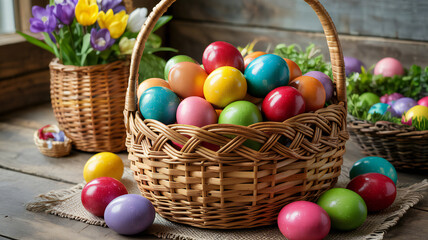 Naklejka premium Woven basket overflows with vibrant hand-dyed Easter eggs evoking springtime joy and festive cheer.