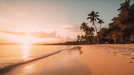 Fototapeta premium Sunset on a tropical beach with palm trees and calm ocean water view