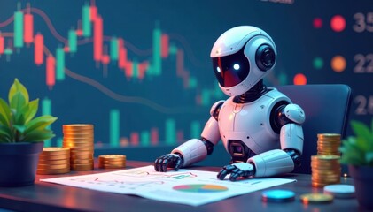 Vector illustration of a stock trading robot sitting on a desk with charts and graphs, surrounded by coins and other financial symbols, finance, market trends