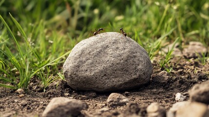 Two ants exploring a large rock amidst a green field on a sunny day