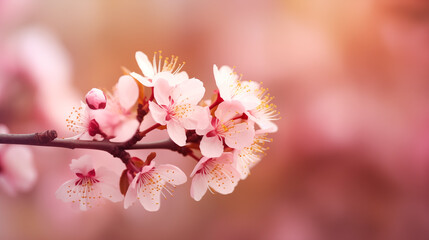 Obraz premium Close up of a branch with pink blossoms against a blurred background