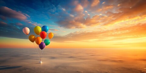 Fototapeta premium Colorful balloons ascend against a vibrant sunset over a vast, flat landscape.