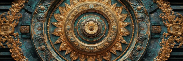 Fototapeta premium Ornate golden and blue circular design with detailed carvings and central hole.