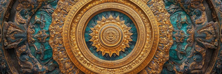 Golden ornate circular design with intricate details on a textured teal background.