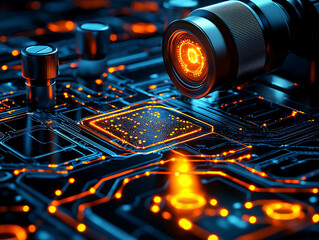 Cybersecurity, surveillance, and data protection concept.  A futuristic lens hovers over a glowing circuit board, symbolizing digital security and technological innovation.