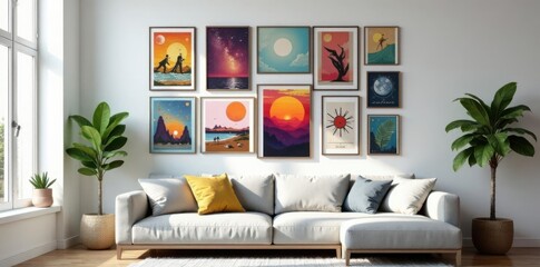 Gallery of colorful posters on a large white wall in a cozy and stylish living room with a grey sofa and plush pillows, colorful posters, white wall