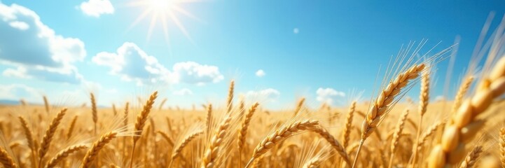 Golden wheat swaying gently under a vast blue sky, bathed in sunlight , scene, yellow