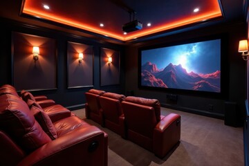 High-end basement home theater, plush seating, basement, modern, recreation