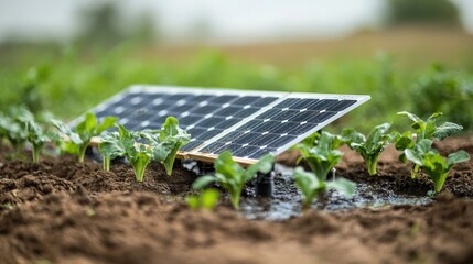 Solar photovoltaic panel installed in a lush green agricultural field with young plants or crops growing around it showcasing the of renewable energy technology with sustainable farming practices