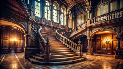 Fototapeta premium A grand, ornate wooden staircase ascends majestically within a palatial residence, showcasing intricate carvings and elegant balustrades, bathed in the warm glow of interior lighting.
