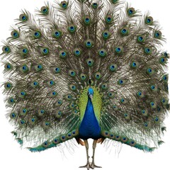 Naklejka premium Colorful peacock bird standing on white background with full tail display 