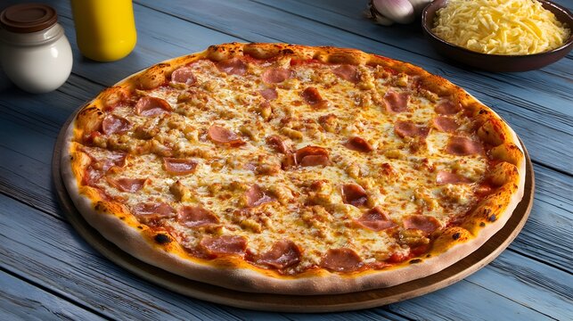 Delicious Chicken and Pepperoni Pizza on Wooden Table