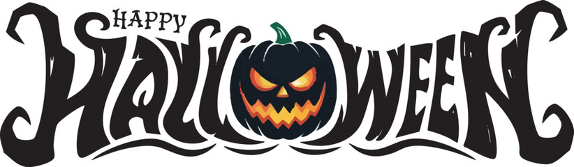 Happy Halloween Typography with Evil Pumpkin Face – Festive Vector Design