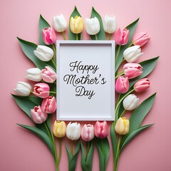 Mother's Day Flat Lay White Frame with Elegant Cursive Text and Colorful Tulips on Pastel Pink Background