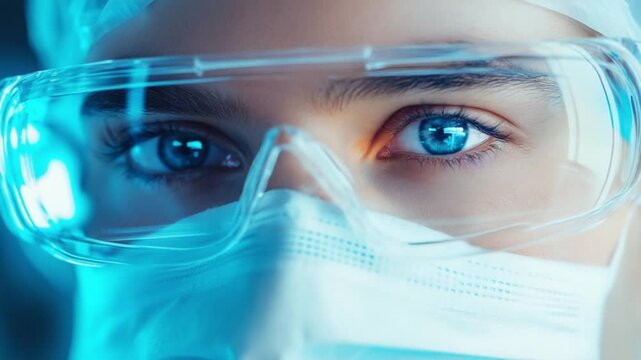 A researcher in a laboratory setting is wearing protective goggles and a mask while concentrating on their work. The detailed gaze highlights dedication and precision in scientific research