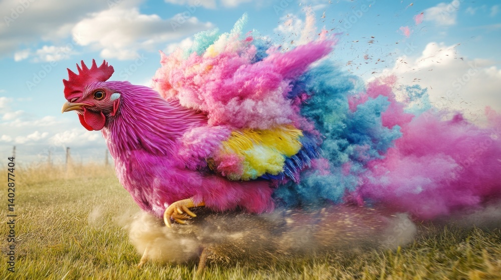 Poster a vibrant rooster exploding into colorful clouds of powdered pigment