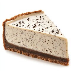 A thick slice of vanilla bean cheesecake with a rich, creamy texture, graham cracker crust