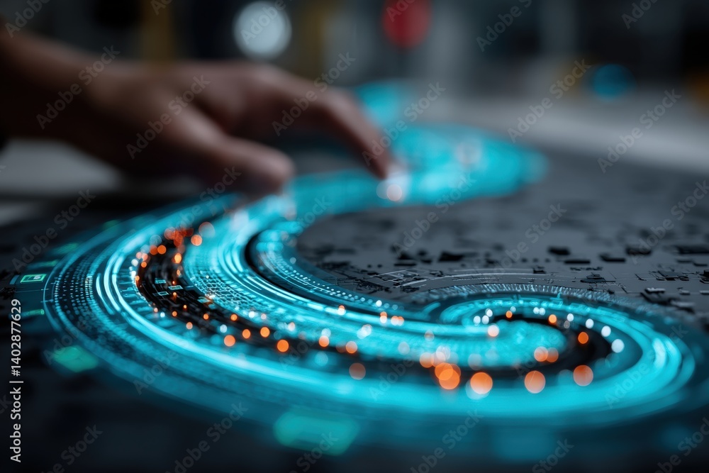 Poster innovative digital interface interaction technology hub graphic design futuristic environment close-