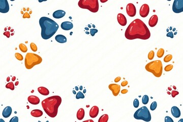Fototapeta premium Colorful dog paw print seamless pattern on white background isolated doodle cartoon, seamless pattern, cartoon illustration