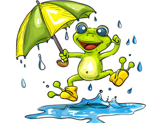 Obraz premium cute cartoon frog jumping in puddles with rain boots and umbrella, fun springtime clipart style, isolated on white background