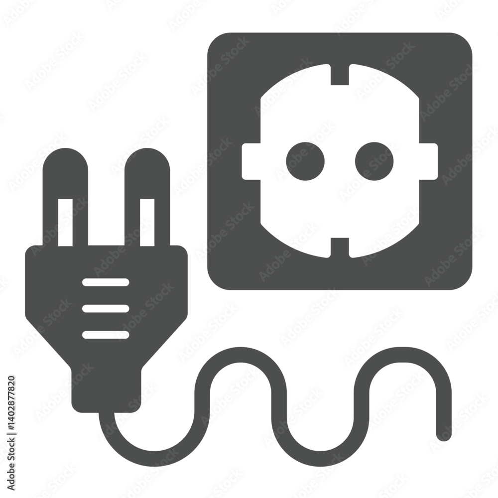 Poster power supply cord and socket solid icon, electrician service concept. vector graphics. socket for el